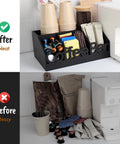 All In One Coffee Bar Organizer For Countertop Wooden Station Caddy With Tray For Pods Cups Condiments And Accessories, before and after organization