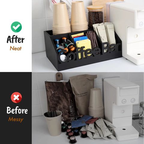 All In One Coffee Bar Organizer For Countertop Wooden Station Caddy With Tray For Pods Cups Condiments And Accessories, before and after organization