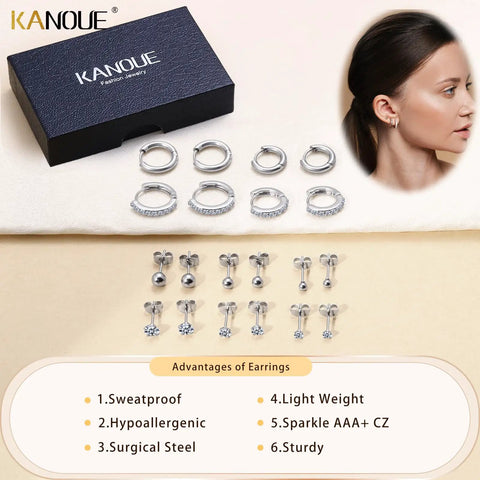 Stainless Steel Earring Set For Women, 10 Pairs, Includes Small Huggie Hoops, CZ Studs, And Glossy Spherical Studs, Versatile Stainless Steel Jewelry For Everyday Piercing Looks.