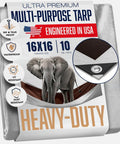 Heavy Duty Tarp 16x16 Feet, 10 Mil Thick, Waterproof And Tear Resistant, featuring elephant, reversible silver and brown.