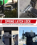Five Eighth Inch Weld On Spring Latch Assembly With Plain Tube Heavy Duty Steel Trailer Gate Lock shown in various mounted positions.