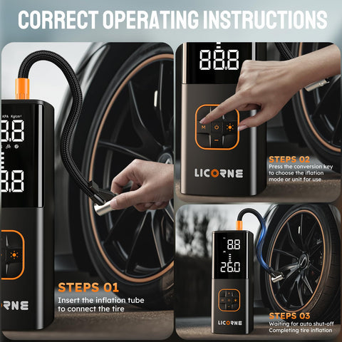 Portable Tire Inflator Air Compressor, 5X Faster Cordless Pump With 180 PSI, Built-In Rechargeable Battery, Digital Pressure Gauge usage steps
