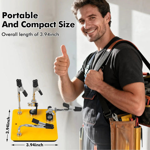 Man demonstrating Helping Hands Soldering Station With A 3.9 By 3.9 Inch Stable Base 360 Degree Adjustable Soldering Clamp
