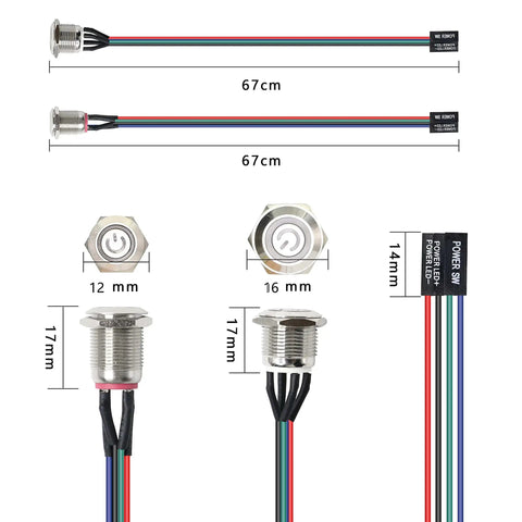 Metal Button Chassis Switch For DIY PC Case LED Power Button With 60cm Cable And 12mm Button Diameter ATX On Off Replacement