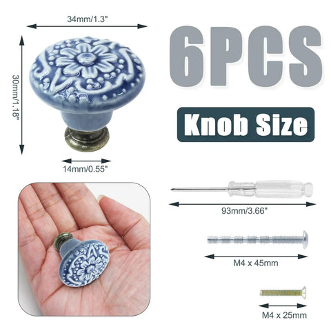 Slick Light Blue Ceramic Cabinet Knobs Six Pack For Kitchen Drawers And Cupboards Dreamy Matte Finish with dimensions and tool kit.