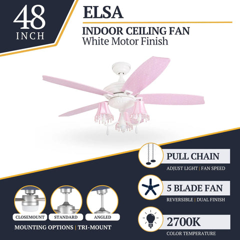 48 Inch Princess Style Indoor LED Ceiling Fan With Light, Pink And White Fabric Shades, White Motor Finish
