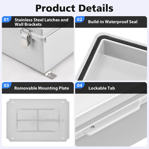 Product details of Outdoor IP67 Waterproof Junction Box With Mounting Plate And Clear Hinged Cover Built Tough For DIY Projects Rugged Weatherproof ABS Enclosure 7.9 By 3.9 By 2.8 Inches 200x100x70mm Wall Brackets
