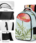 Red Poppy Watercolor Print Backpack For Men And Women, showcasing durable polyester fabric, smooth zipper, and side pockets.