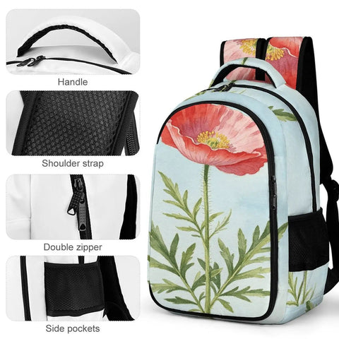 Red Poppy Watercolor Print Backpack For Men And Women, showcasing durable polyester fabric, smooth zipper, and side pockets.