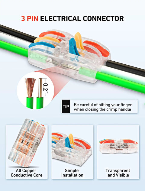 3 Pack Outdoor Junction Box Kit With 3 Pin Connectors, clear plastic connectors showing wire connection and installation tips