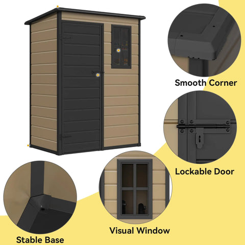 Close-up details of a 5x3ft Resin Outdoor Storage Shed With Floor Lockable Door And Window Built Tough For All Weather Waterproof Tool Storage.