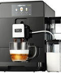Top Notch Automatic Espresso And Coffee Machine With Built In Grinder producing cappuccino with milk frothing, black finish.