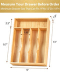 Premium Bamboo Kitchen Drawer Organizer Nine Inch Silverware Tray dimensions with measurement indicators for compact drawers.