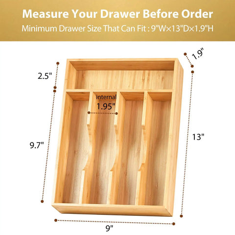Premium Bamboo Kitchen Drawer Organizer Nine Inch Silverware Tray dimensions with measurement indicators for compact drawers.