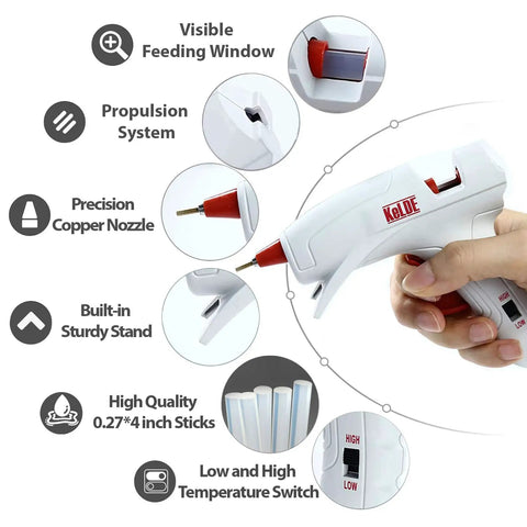 20W Dual Temperature Hot Glue Gun Kit With AntiDrip Long Fine Tip And 25 Glue Sticks showing features and design