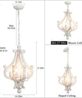 Farmhouse Rustic Wooden Chandelier With Four Lights In Antique White Finish, adjustable chain 27.55 to 86.61 inches, details shown