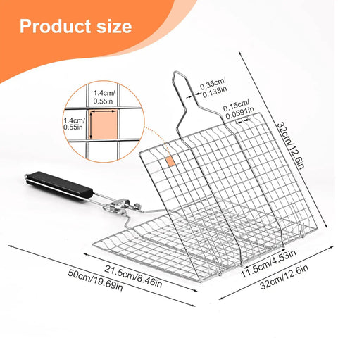 Foldable Stainless Steel Fish Grill Basket dimensions with detachable handle, shown in open position with size measurements