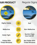Side-by-side comparison of Baby On Board Car Magnet Sign 2 Pack 5x5 Inches Bright Yellow Reflective Safety Sticker on car window.