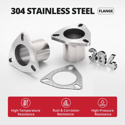 2.5 Inch 3 Bolt Exhaust Flange Piping Kit Fabricated From Badass 304 Stainless Steel With Complete Gasket And Bolt Set For Universal Beater Repairs And Quick Swap Links On The Daily Drive. Two stainless steel flanges shown with one gasket.