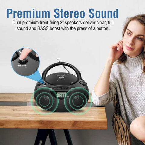 Portable CD Player Bluetooth Boombox with AM FM Radio USB Aux In Headphone Jack MP3 CD Compatible on a table, focus on speakers and controls