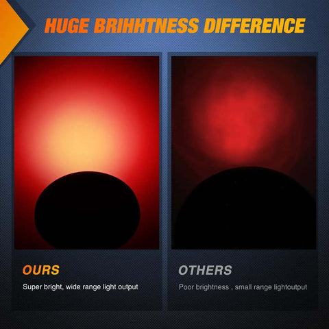 Comparison of Badass 4 Inch Round LED Trailer Tail Lights Set of 4 showing huge brighhtness difference with wide vs small range light output.