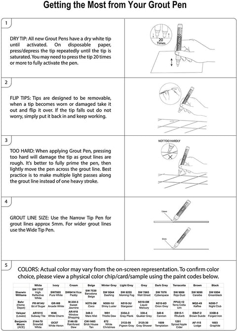 Instructions for Beige Tile Grout Pen For Waterproof Grout Paint And Sealer with 5mm tip, featuring activation and usage details.