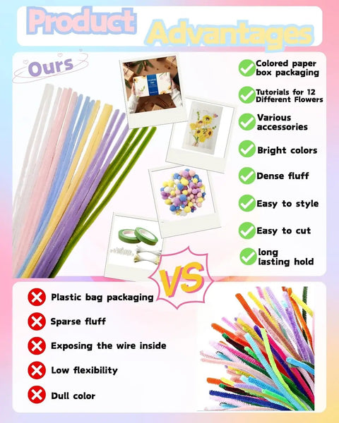 Comparison of Pipe Cleaner Flower Kit With Video Tutorial 500 Pcs Craft Set advantages versus generic set disadvantages.