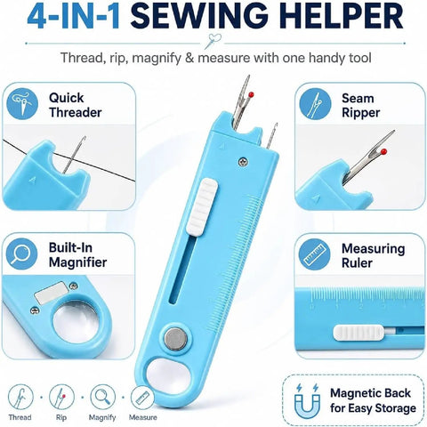 4 In 1 Needle Threader Kit With Seam Ripper Magnifying Glass And Magnetic Guide For Easy Threading Stitch Removal And Quick Sewing Fixes No Fuss All In One Sewing Accessory For Home Crafters, blue plastic tool