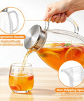 2.2L Glass Pitcher With Lid And Handle, Borosilicate Water Carafe, Stainless Steel Dual Filter Lid pouring iced tea