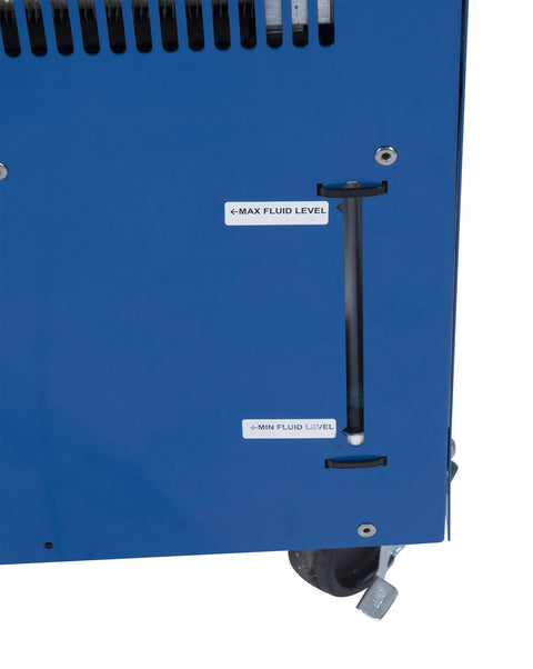 Close-up of NSC1000-230-1 Freeze 1-Ton Industrial Chiller with fluid level indicator for air-cooled indoor use.