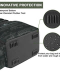 Water Resistant Fishing Backpack with Cooler Compartment Rod Holders and Tackle Storage showing waterproof bottom and rubber feet