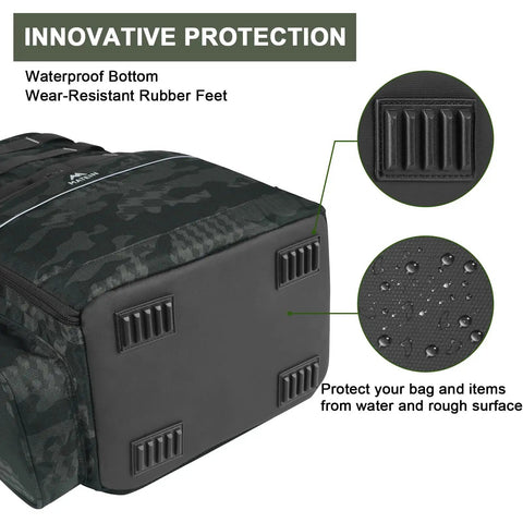Water Resistant Fishing Backpack with Cooler Compartment Rod Holders and Tackle Storage showing waterproof bottom and rubber feet