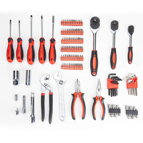 205 Piece Ratchet Wrench Tool Set With 1/4, 3/8, 1/2 Inch Drives, SAE And Metric Socket Kit In Plastic Toolbox shown spread out