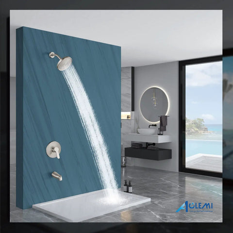 Tub Shower Faucet Set With Valve And Wall Mount Trim Kit for 6 Inch Tub Fixtures, brushed nickel, shower head in modern bathroom