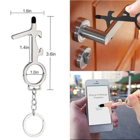 Eight Piece No Touch Door Opener Tool With Stylus Keychain Reusable Multifunction Button Pusher And Bottle Opener in use on door and phone