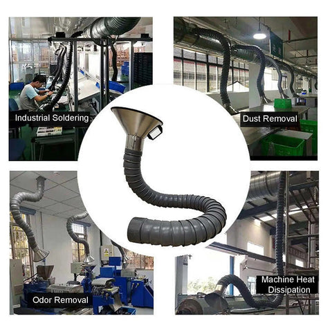 Heavy Duty 4 To 8 Inch Flexible Duct Collector Arm Featuring Slick Articulated Fume Extractor Hose For Welding Laser And Soldering in workshop setup.