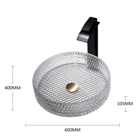 USZWBY Bathroom Vessel Sink Vanity Tempered Glass Vessel Bowl Sink Transparent Countertop Sink Bowl with black faucet, 400MM size.