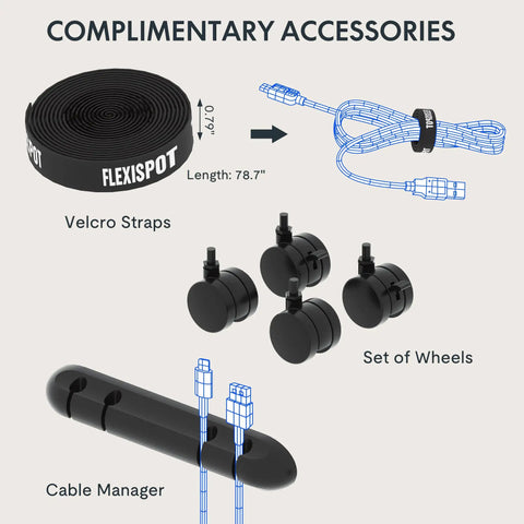 Complimentary accessories for Crush Your Daily Desk Routine With This Height Adjustable Standing Desk including Velcro straps, cable manager, and wheels.