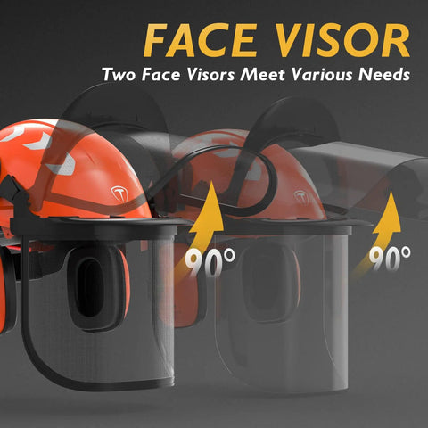 5 In 1 Chainsaw Helmet With Face Shield Ear Muffs Anti Fog Goggles And Mesh Shield For Forestry Pros showing adjustable visor angle
