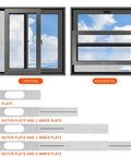 Universal Portable AC Window Vent Kit With 59 Inch Exhaust Hose 5.9 Inch Window Seal shown in vertical and horizontal configurations.