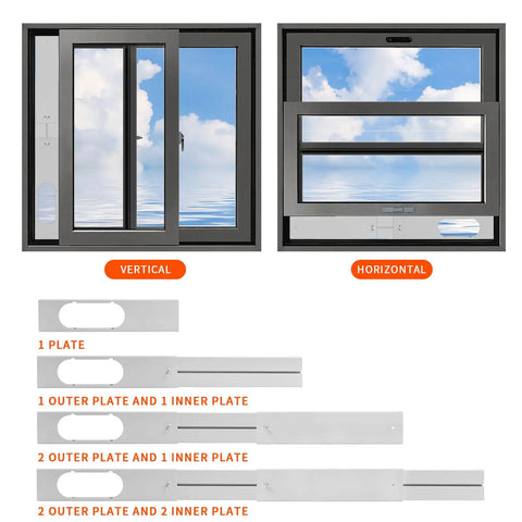 Universal Portable AC Window Vent Kit With 59 Inch Exhaust Hose 5.9 Inch Window Seal shown in vertical and horizontal configurations.