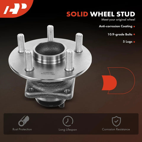 Front view of a 5-lug rear wheel hub assembly with ABS for Toyota Corolla Matrix Prius and Pontiac Vibe 2003 to 2008