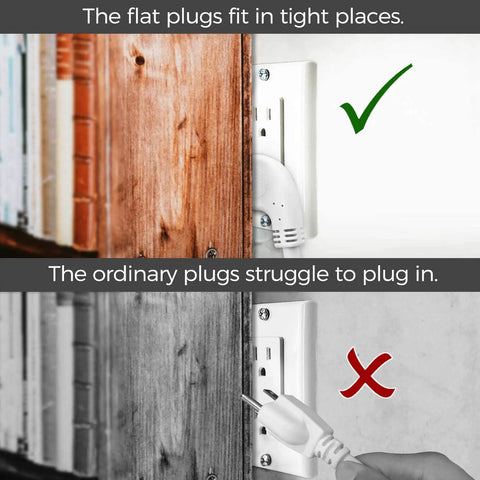 Flat Plug Extension Cord 1 Ft Beefy Heavy Duty 14 AWG 15A 125V 1875W White For Home Appliances shown fitting in tight space behind books.