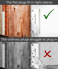 Comparison of Slim Flat Plug Extension Cord 1 Foot 14 Gauge 15 Amp White Heavy Duty Power Cord fitting behind a bookshelf