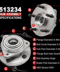 Diagram showing specifications of Pair 513234 Front Wheel Bearing Hub Assembly for 2005-2010 Grand Cherokee and Commander