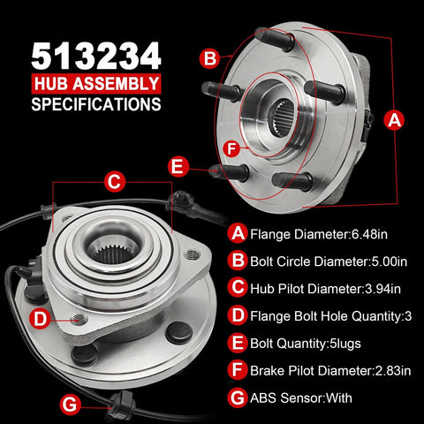 Diagram showing specifications of Pair 513234 Front Wheel Bearing Hub Assembly for 2005-2010 Grand Cherokee and Commander