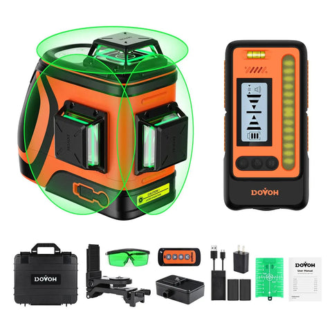 Outdoor Laser Level With Receiver Worksite Ready Pro Grade Daylight Visible Green Beam 360 Self Leveling Range Up To 400 Feet With Detector Beaming Precision For Construction Landscaping And Exterior Projects kit showing level, receiver, and accessories.