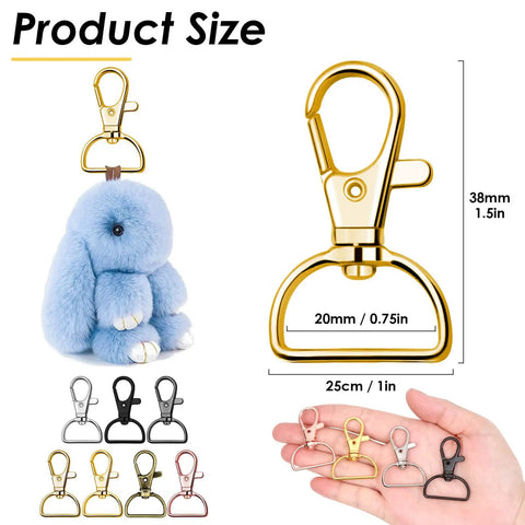 80 Pack Hella Durable Swivel Clasp Hooks Key Chain Clips With Secure D Ring Lanyard Hardware Solid Zinc Alloy Keychain Findings Assorted Colors displayed with sizes.