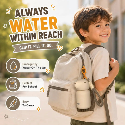 A child smiling with a Snag This On The Fly Mini Insulated Water Bottle Featuring Double Wall Vacuum Seal Technology clipped to a backpack.
