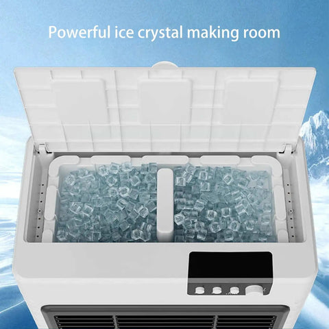 Portable Evaporative Swamp Cooler With Three Fan Speeds And 80 Liter Water Tank To Kick The Heat Fast Without Drilling Holes showing ice crystal compartment.